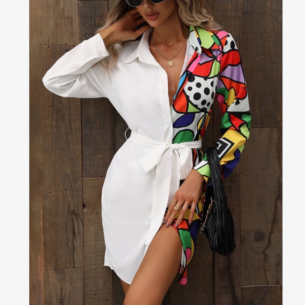 Elegant Abstract Geo Pop Art Print Long Sleeve Belted Button Down Shirt Dress - Picture 5 of 12